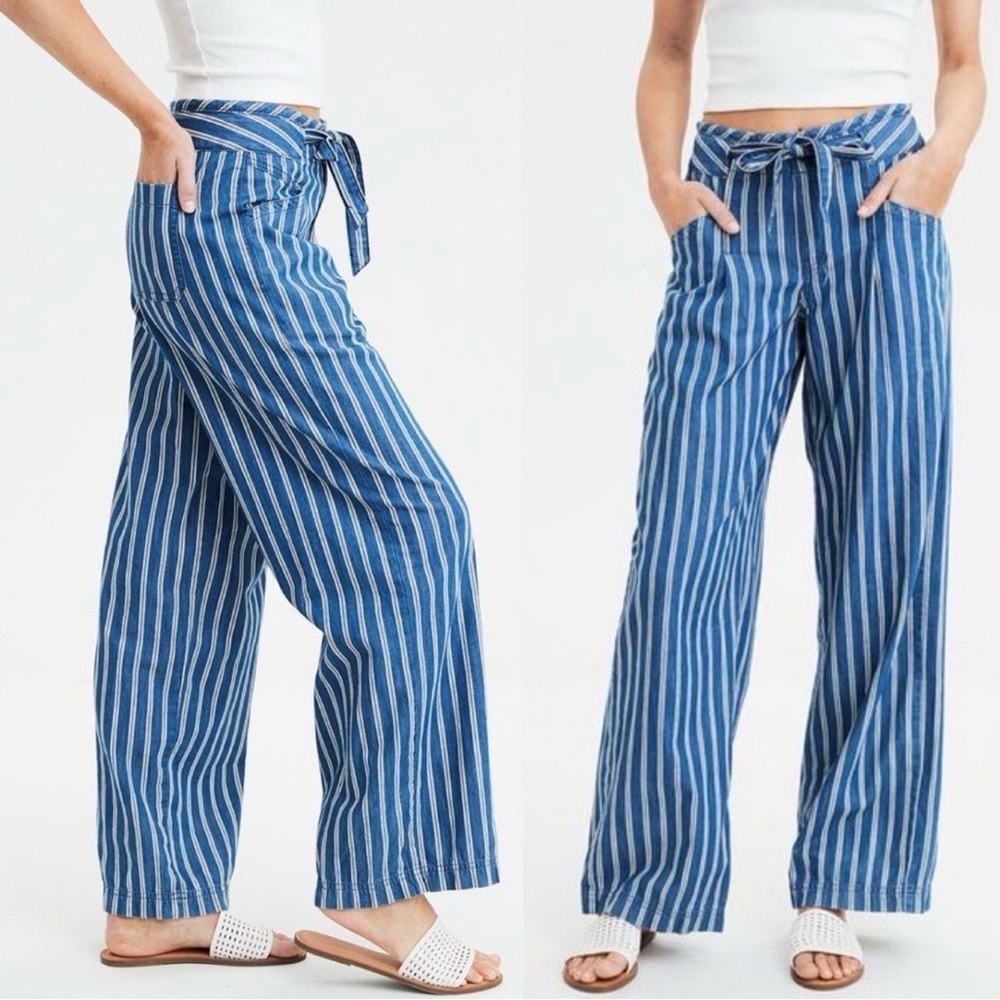 American Eagle Outfitters Blue + White Striped Wide Leg Pants